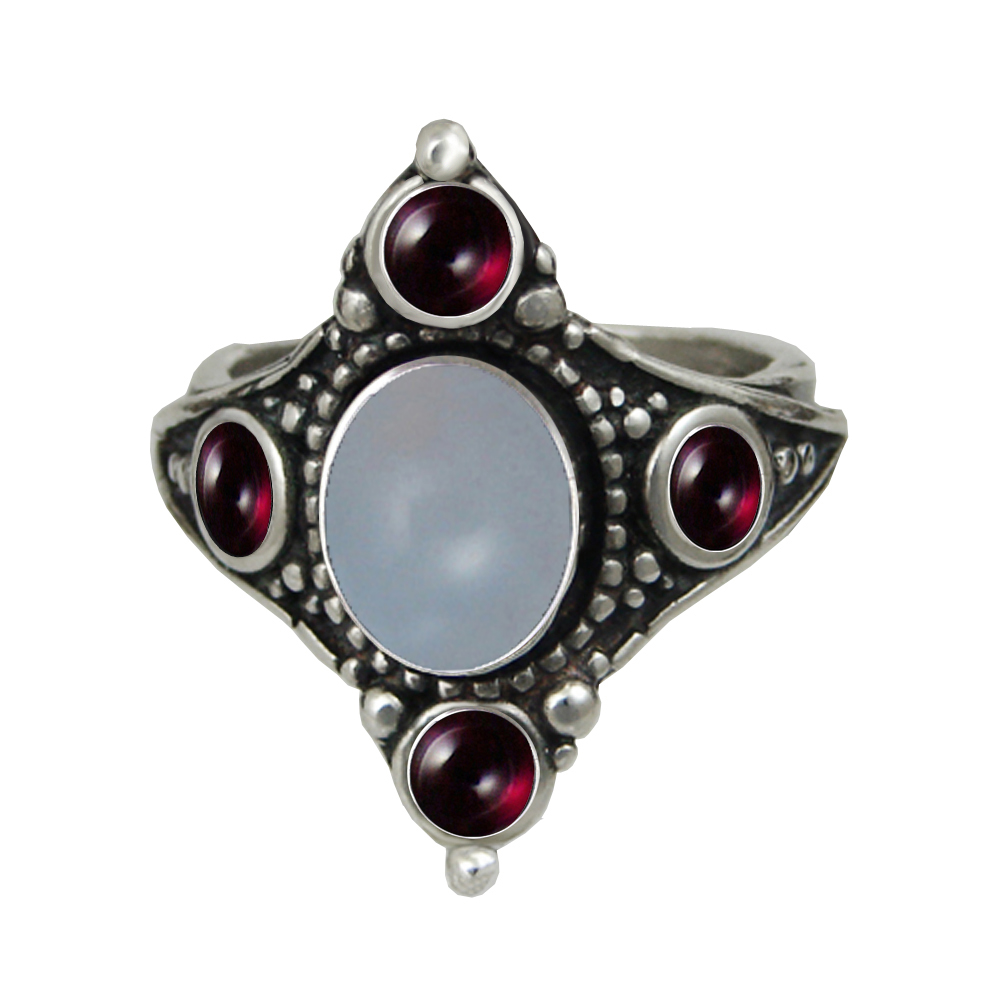 Sterling Silver Renaissance Queen's Ring With Chalcedony And Garnet Size 12 Sterling Silver Renaissance Queen's Ring With Chalcedony And Garnet Size 12